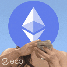 a woman is holding a bunch of money in front of an ethereum icon