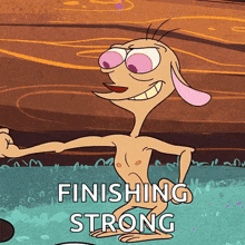a cartoon character with the words finishing strong written on the bottom