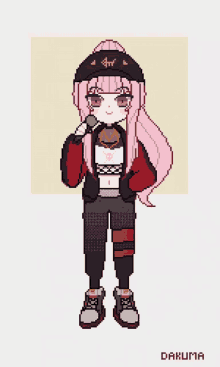 a pixel art drawing of a girl wearing sunglasses and a beanie with the letter t on it