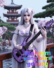 a woman holding a purple guitar with the words welcome yang baru gabung on the bottom right