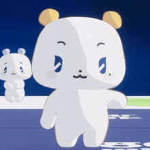 a white teddy bear with a yellow ear is walking