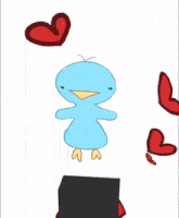 a cartoon of a bird sitting on a block with butterflies flying around it