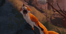 a cartoon fox laying on a tree branch