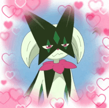 a cartoon drawing of a cat with hearts surrounding it