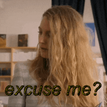 a woman with long blonde hair has the words excuse me written on her face