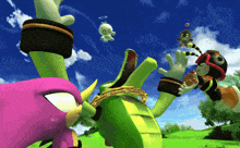 a group of cartoon characters are standing in a field with a blue sky in the background