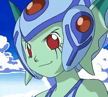 a close up of a cartoon character with a blue helmet and red eyes