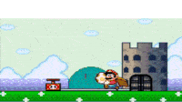 a video game scene with a castle and a penguin