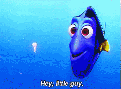 Animated fish character greeting a smaller jellyfish in the ocean