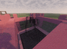 a computer generated image of a pink building with a castle in the background