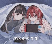 two anime girls laying under a blanket looking at a nintendo switch with the words nyx and gigi above them