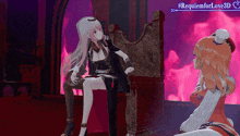 two anime girls are sitting next to each other with a sign that says requiem for love 3d