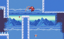 a video game shows a cartoon character jumping in the air