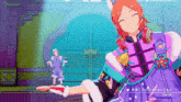 a girl in a purple and blue outfit is smiling