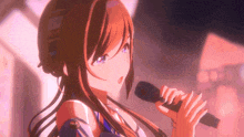 a girl is singing into a microphone with purple eyes
