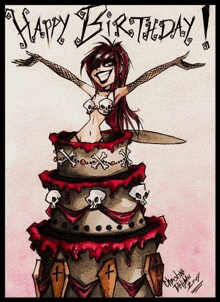 a cartoon of a woman in a bikini sitting on top of a cake .