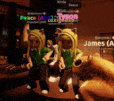 a screenshot of a video game shows two girls standing next to a bear