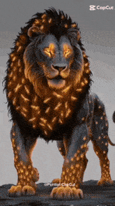 a painting of a lion with glowing eyes and a caption that says puntori capcut