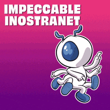 a cartoon character with a blue eye and the words impeccable inostranot behind it