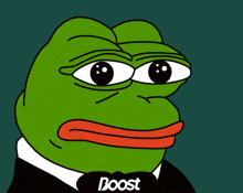 a green frog wearing a tuxedo with the word boost on his collar