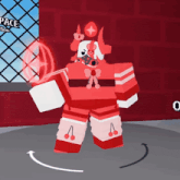 a red and white cartoon character is standing in front of a fence that says pace on it