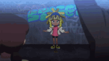 a girl with dreadlocks is standing in front of a wall with graffiti on it that says spice