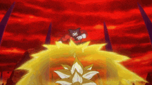 a man in a red shirt is standing in front of a flower with a red sky in the background