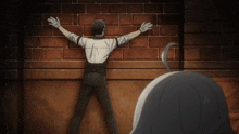 a man is leaning against a brick wall and says " what are you doing " ... says oscar