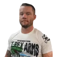 a man is wearing a t-shirt that says " remember your trex arms "