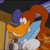 a cartoon character is holding a camera in his hand