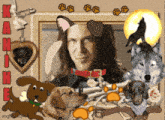 a picture of a man surrounded by dogs with the word kani on the bottom left