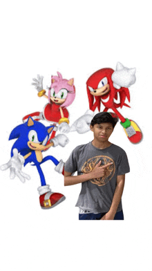 a boy is standing in front of a group of sonic the hedgehog and knuckles characters .