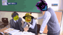 a group of people in a classroom with one wearing a smiley face mask