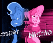 a blue cartoon character and a pink cartoon character are next to each other