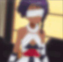 a blurry picture of a girl with purple hair wearing a blindfold
