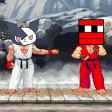 a cartoon character with a cat head is standing next to another character with a red square on their head