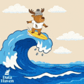 a cartoon deer is riding a wave on a surfboard with data haven in the background