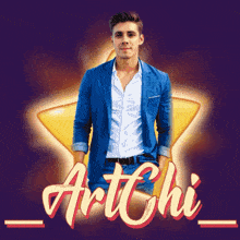 a man in a blue suit stands in front of a star and the words artchi