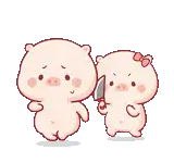 a couple of pigs are standing next to each other . one of the pigs is holding a knife .