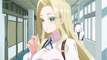 a girl with long blonde hair and blue eyes is standing in a hallway with the number 3 on the wall