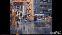 a painting of a city street with the words made in animotica at the bottom