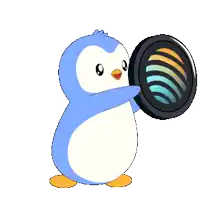 a blue and white penguin is holding a black circle