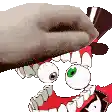 a hand is reaching out towards a cartoon character with a big mouth and green eyes .