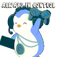 a penguin wearing headphones and holding a video game controller with the words always in control below it