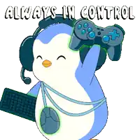 a penguin wearing headphones and holding a video game controller with the words always in control below it
