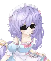 a girl with purple hair is wearing sunglasses and a blue dress