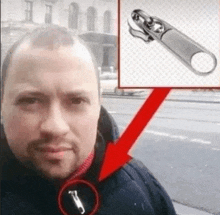a man is taking a selfie with a picture of a zipper pull .