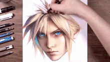 a person is drawing a picture of cloud strife from final fantasy