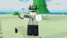 a roblox character with a crown on his head is standing on a bench