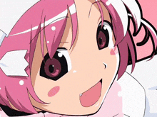 a close up of a cartoon character with pink hair and a white shirt